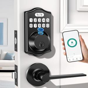 keyless Entry Door Lock deadbolt with Handle Set Front Door Fingerprint Smart Locks with 2 Lever HandlesKeypad Code Deadbolt App Control,Auto Lock,Easy to Install