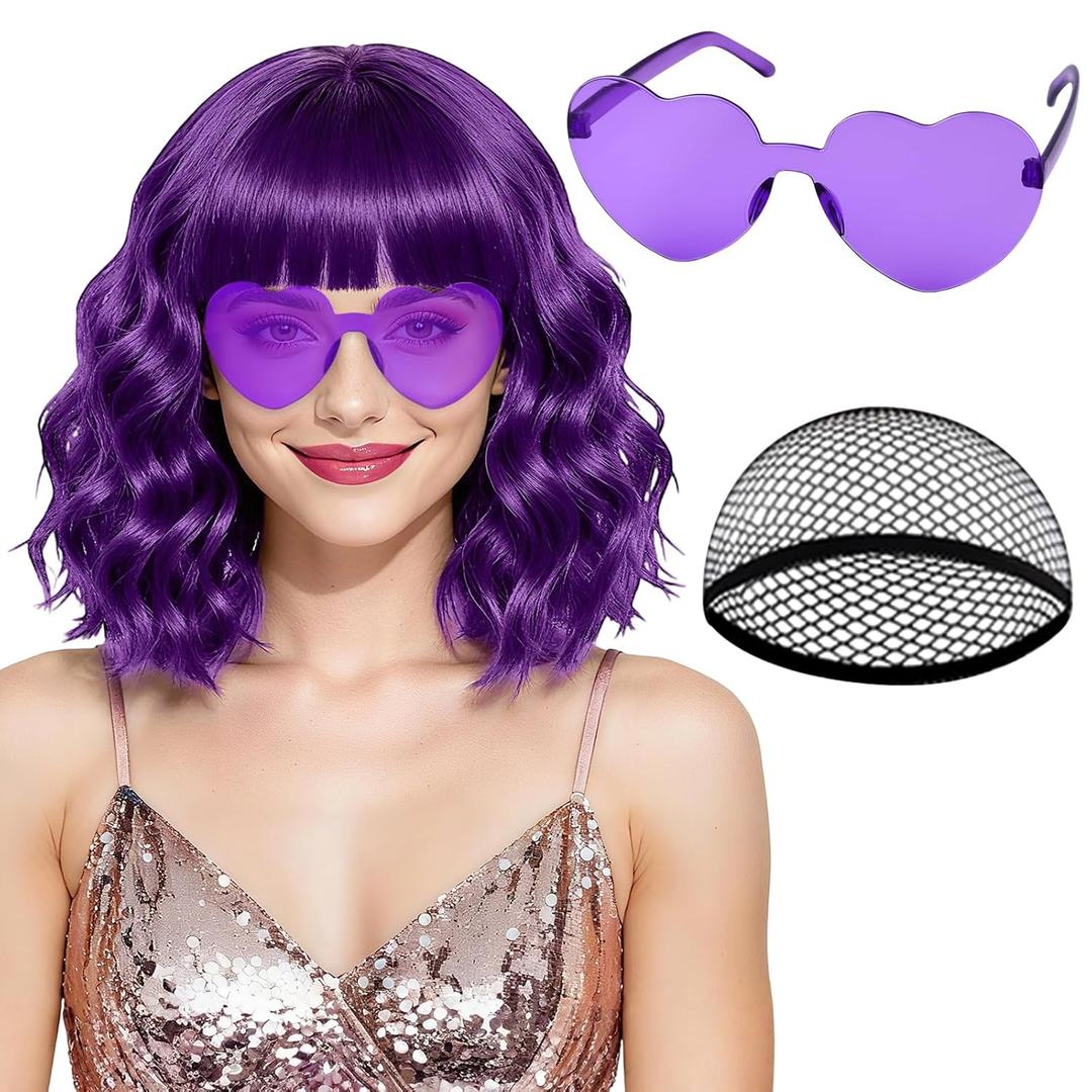 PLULON Dark Purple Wavy Bob Wigs with Bangs Heart Sunglasses Hair Cap for Women, Colored Synthetic Hair Short Curly Bob Loose Curly Shoulder Length Wigs for Cosplay Costume Bachelorette Party