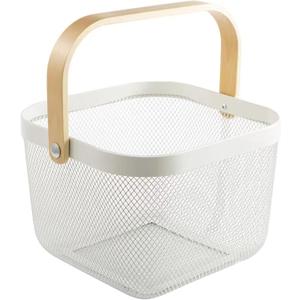 Metal Mesh Steel Basket, Storage Organizer Basket Multi-functional Hanging Kitchen Baskets Fruit Basket Bin with Bamboo Handle for Kitchen Bathroom Picnic Shopping Decor Cabinet Home, White
