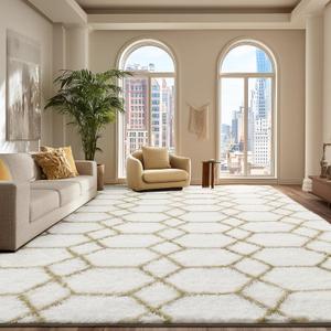 Large Rugs for Living Room, 8x10 White and Beige Fluffy Bedroom Area Rug, Shag Geometric Soft Fuzzy Carpets Big Kids Room Rug, Non-Slip Plush Modern Rug for Office Home Decor Aesthetic