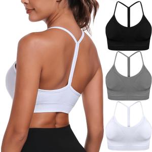 Sports Bras for Women, Y Back Padded Spaghetti Strappy Workout Yoga Racerback Bra with Removable Cups (Large, Black White Gray 5 Pack)