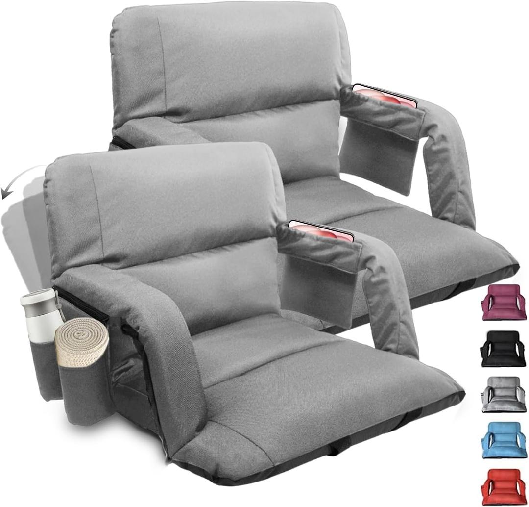 Stadium Seats with Back Support,Wide Stadium Chairs with Back and Cushion, Sofa Style Stadium Seats, 6 Reclining Positions, Extra Thick Bleacher Seat for Sports Events (Grey-2 Pack, Wide|22.5")