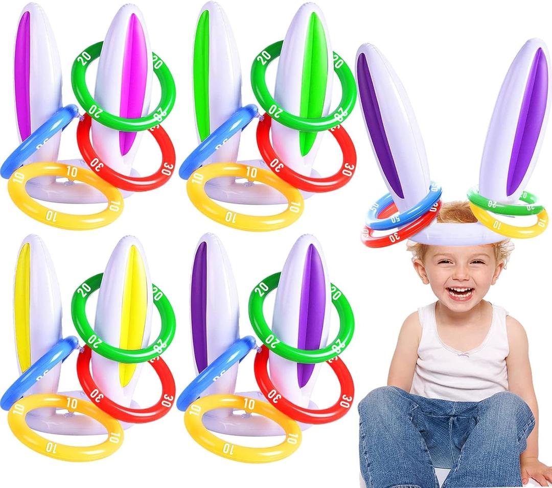 [16 Score Rings ] 4 Pack Easter Inflatable Bunny Rabbit Ears Ring Toss Game Easter Basket Essential for Kids Party Games Inflatable Gifts for Indoor Outdoor Toys Party Supplies Family Game
