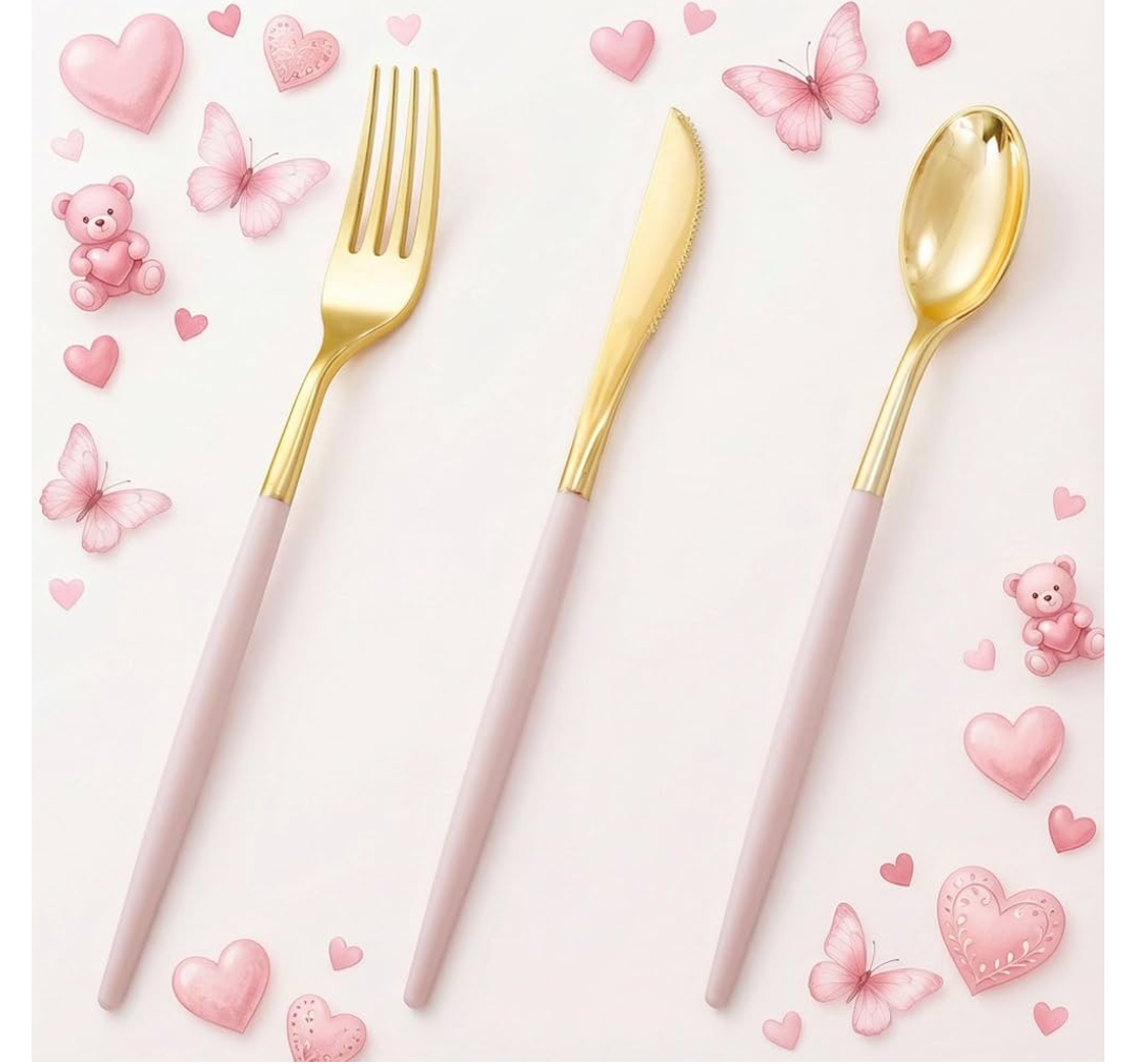 72 Items, Pink Plastic Silverware,Gold Disposable Flatware with Pink Handle, Gold Plastic Cutlery Set Includes: 24 Forks, 24 Knives and 24 Spoons, Tableware Set for Party and Wedding