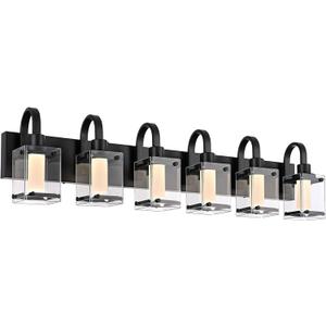 TODOLUZ 6-Light LED Modern Bathroom Vanity Light Fixtures with 5 Color Modes, Black Dimmable Vanity Lighting with Frosted Column and Clear Glass Shade LED Wall Lamp(Bulbs Included)