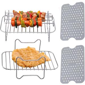 Air Fryer Rack for Ninja Dual 2 Basket Air Fryer 10 QT DZ401 & 8 QT DZ201, Racks for Dual Zone Air Fryer, Reusable Silicone Liner Sheets for Double Basket, 4pcs Kitchen Accessory Set