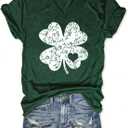 Butovek Womens St Patricks Day V Neck Shirt Funny Lucky Irish Shamrock Graphic Short Sleeve Tops Casual Spring Tees (Green, L)