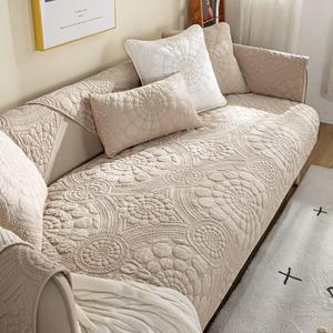 Cotton Quilted Sofa Cover Boho Circle Embroidered Sectional Couch Slipcover Solid Color Non Slip Sofa Slipcover Furniture Protector for Dogs, Pets, Children (Khaki,28"x28")