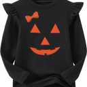 Niyage Girls Cotton Long Sleeve T-Shirt Toddler Comfort Soft Thick Basic Crewneck Tee Tops with Ruffles Trim (6 Years, Pumpkin Bow Black)