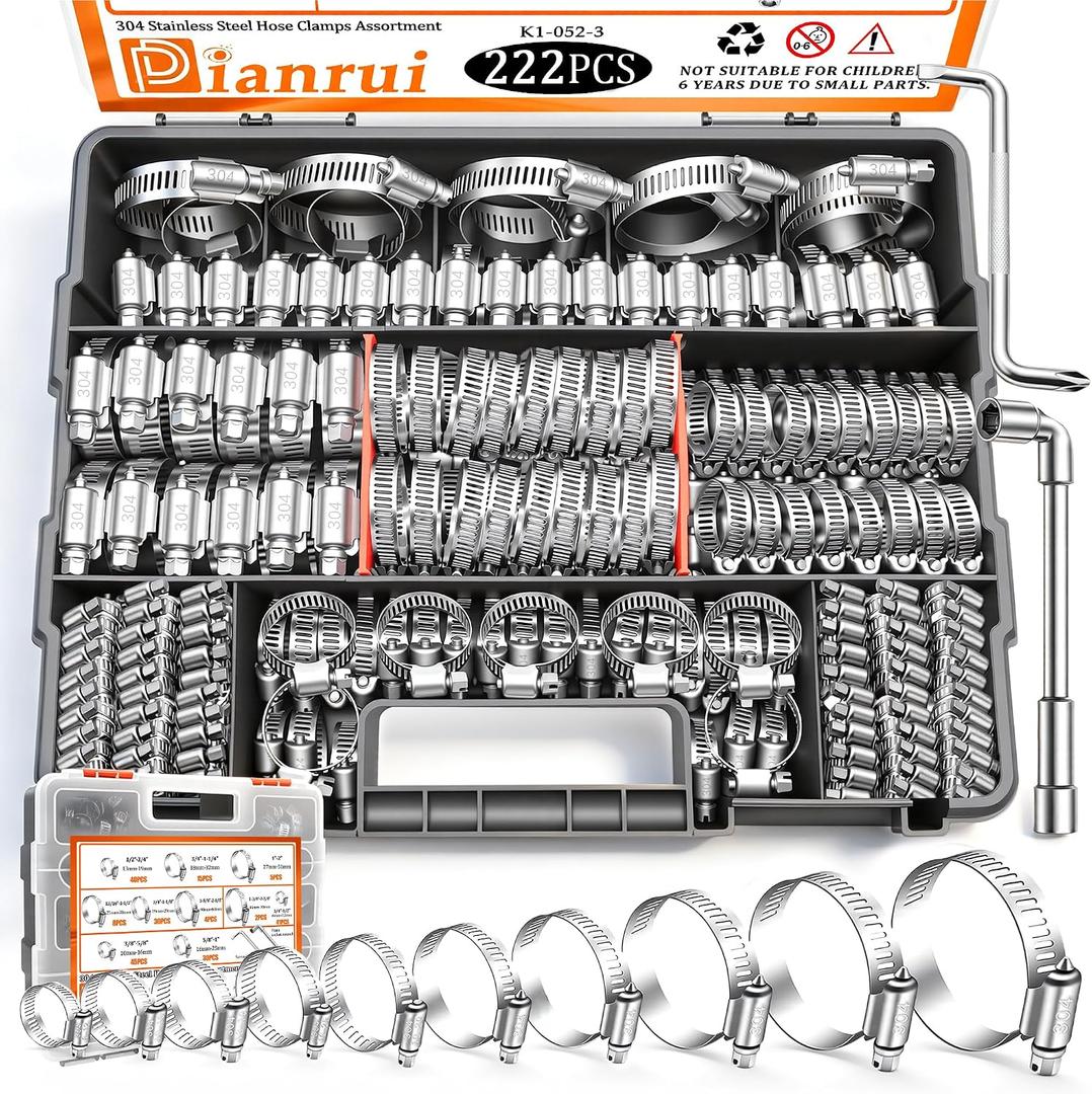 Dianrui 222 PCS Hose Clamp Assortment 1/4"-2-3//4"(6-70mm) 304 Stainless Steel Hose Clamp Kit, Worm Gear Hose Clamps Heavy Duty for Plumbing/Tube/Automotive/Marine with Screwdrivers-10 Size