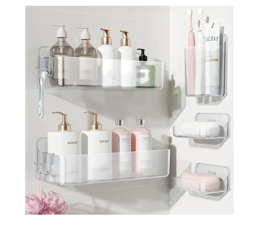 Nieifi Adhesive Wall Shelf, Shower Shelves 5 Pack with Soap Holder, Shower Organizer for Bathroom Organization, Clear