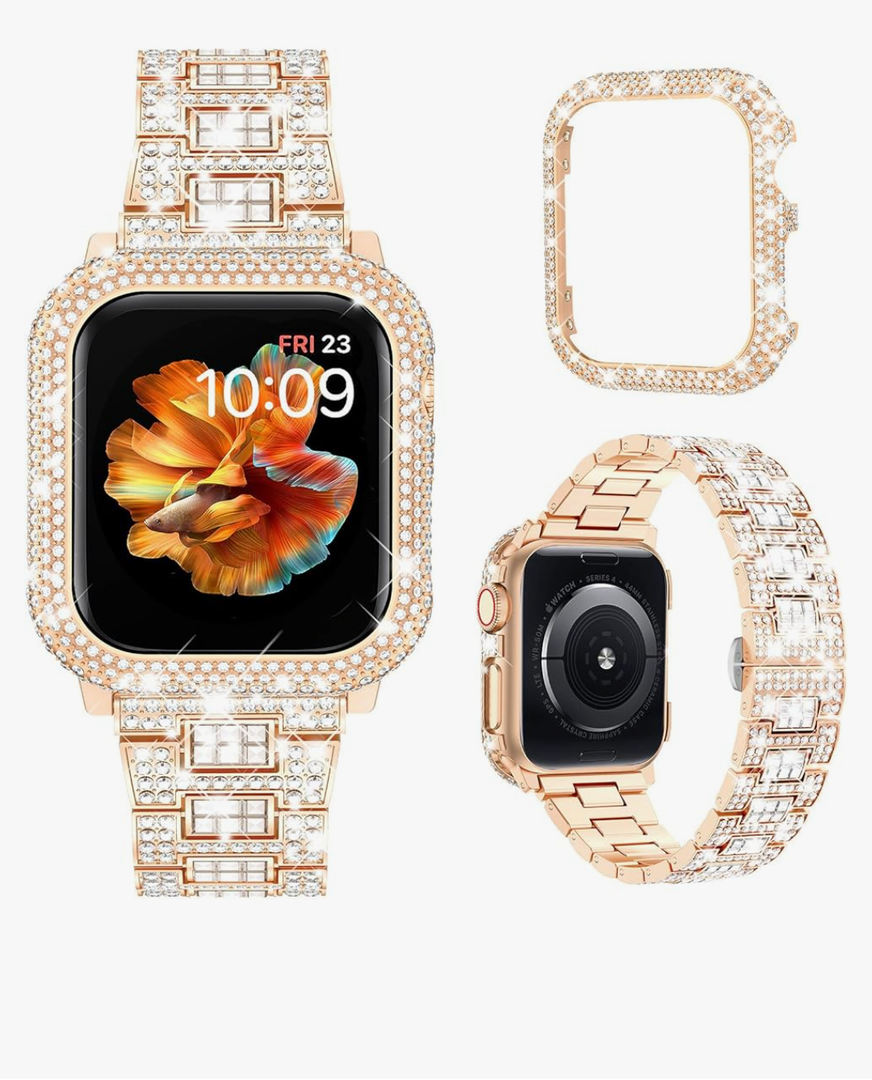 Mosonio Compatible with Bling Apple Watch Band Women 40/44/41/45/42/46mm with Shiny Metal Case, Full Sparking Luxury Diamond Bands and Cover Set, Cute Charming Strap for iWatch SE Series 10/9/8/7/6/5/4 (Size42mm)