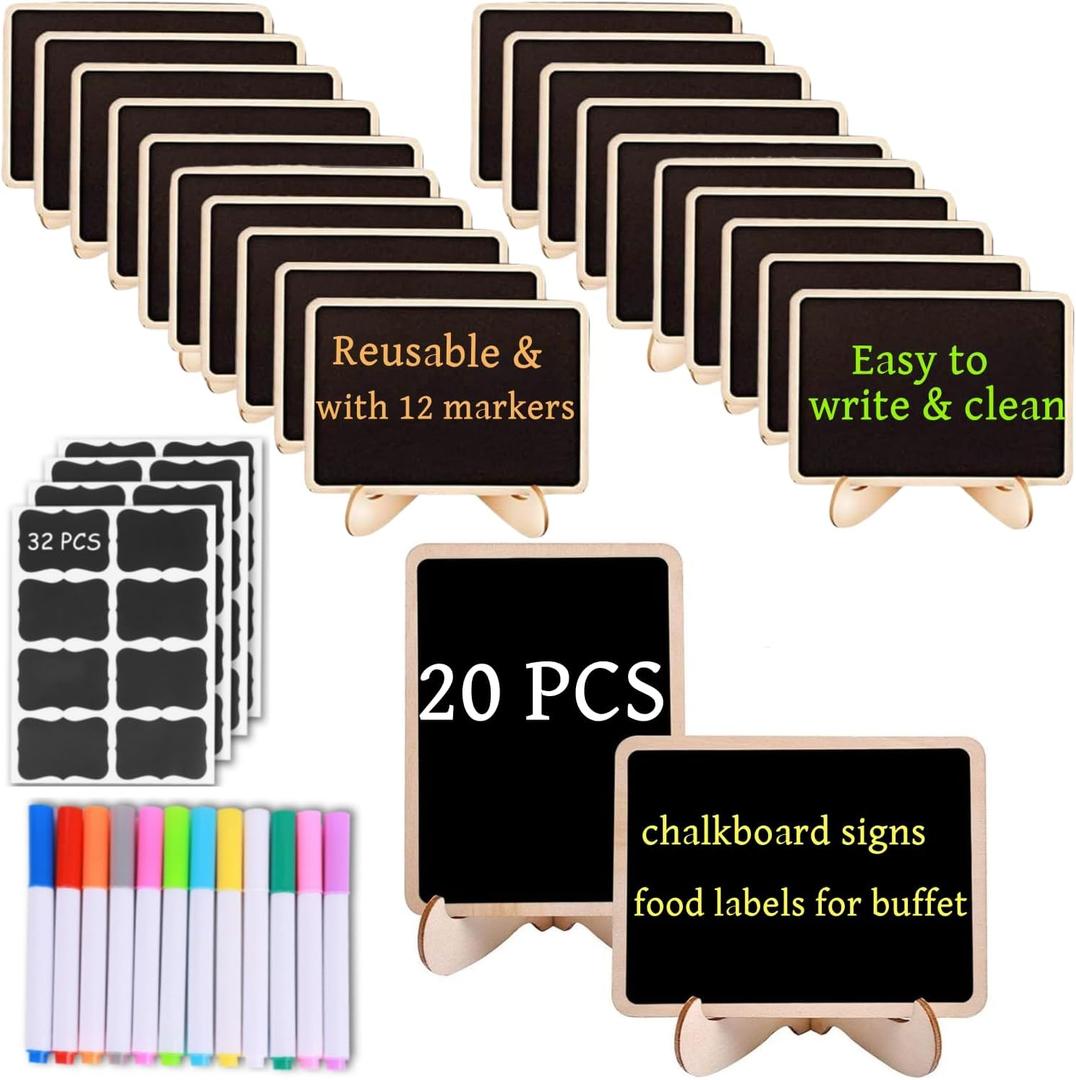 20 Pack Mini Chalkboard Signs with 12 Chalks & Blackboard Stickers, Wooden Reusable Message Boards with Easel Stand for Weddings, Birthday Parties, Buffet Food Signs, Event Decor