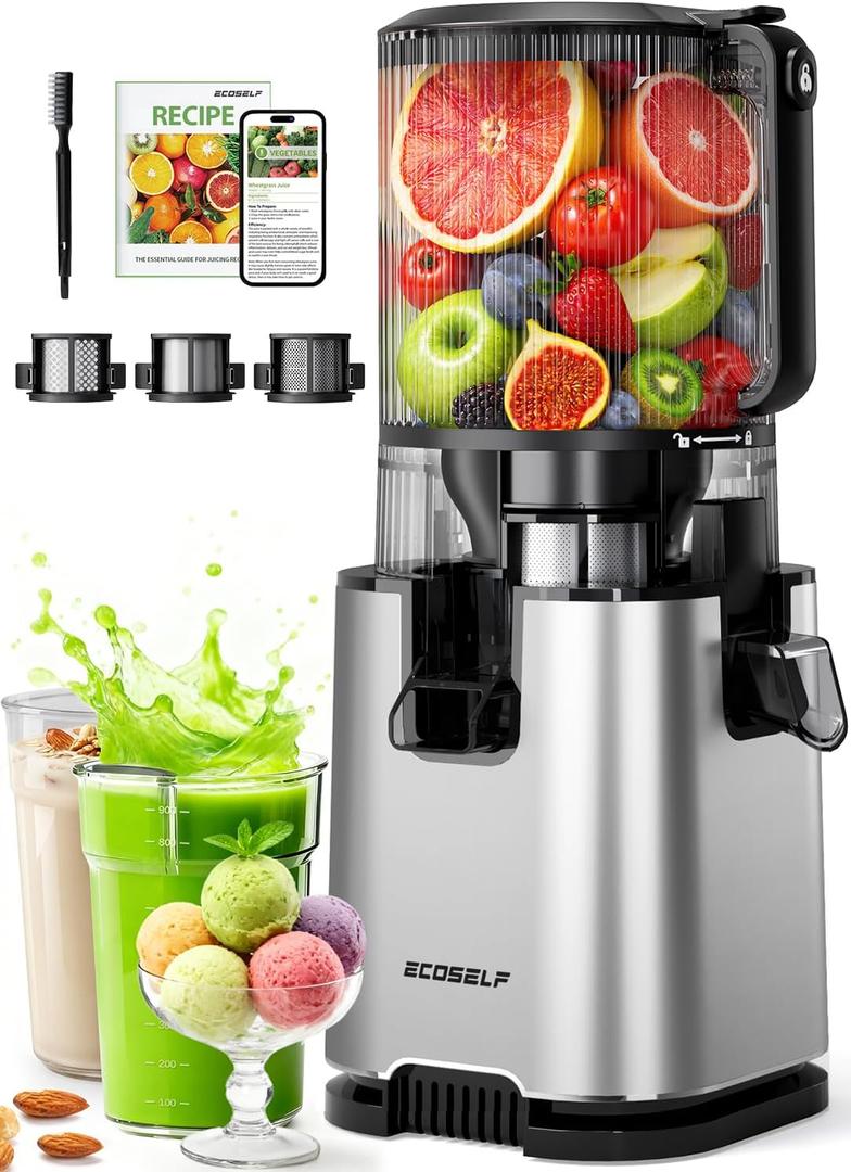 ECOSELF 3-in-1 Juicer with 3 Filters (For Juice/Sorbet/Nut Milk), With 6.0" Extra-Large Mouth Feed Chute for Whole Vegetables & Fruits, Juicer Machines With Large Capacity & Easy to Clean, With Brush (Silver)
