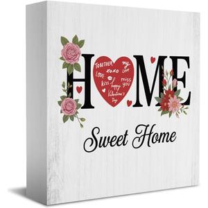 HTBIG Wooden Box Sign Home Sweet Home Farmhouse Homes Decorations Sign Desk Decor for House Bedroom Living Room Kitchen Tabletop Shelf Table, House Warming Gifts 5 x 5 Inches