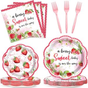 Qyeahkj 100 Pcs Strawberry Baby Shower Party Plates Napkins Forks Supplies Set Sweet Berry Tableware Party Supplies A Berry Sweet Baby Is On The Way Strawberry Dinnerware Decorations Favors Serve 25