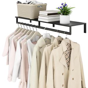 Audmore Wall Mounted Clothes Rack with Top Shelf, 41'' Industrial Clothing Rack Heavy Duty, Metal Shelf with Hanging Rod, Garment Rack Laundry Room Shelves, Space Saving