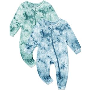 Jimonda Baby Girls Boys Footless Pajamas,Rayon From Bamboo Pjs 2 Way Zipper Long Sleeve Soft Sleeper,Infant Tie-dye Romper (3-6 Months, Blue&green)