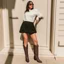 Rollda Cowboy Boots for Women Cowgirl Boots Embroidered Knee-High Western Boots Pointy Toe with Chunky Heel Bronze Size 8.5