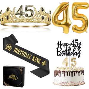 45th Birthday Gifts for Men, 45th Birthday Decorations for Men, Party Decor Supplies Including King Crown & Sash & Balloons & Cake Topper & Candles