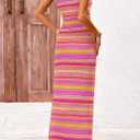 PRETTYGARDEN Womens Maxi Tank Spring Dress Sleeveless Crew Neck Striped Side Slit Casual Long Bodycon Dresses (Pink, XL)