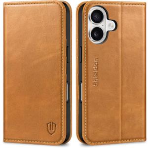 SHIELDON Case for iPhone 16 2024, Genuine Leather Magnetic Folio Wallet [RFID Blocking Credit Card Slots] Kickstand Shockproof Soft Phone Holder Case Compatible with iPhone 16 6.1" - Oily Brown