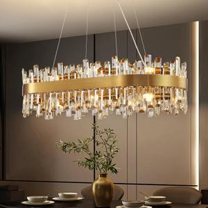 Modern Crystal Chandelier, 16-Light Rectangular Gold Crystal Chandelier for Dining Room, Luxury Oval 2-Tiers K9 Crystal Flush Mount Pendant Ceiling Light for Living Room Kitchen Island L35.4''