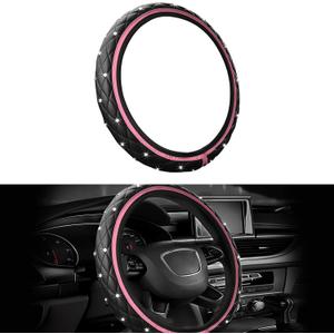Bling Car Steering Wheel Cover, 15 Inch Non-Slip Elastic Soft Leather Steering Wheel Protector, Sparkly Diamond Vehicle Decor for Women Girls, Car Interior Accessories for Most Cars (Pink)