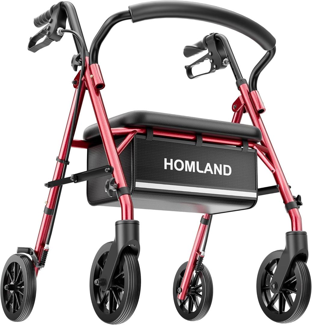 16 Pounds Lightweight Walkers for Seniors with Seat, Narrow Rolling Walker with 4 Puncture-Resistant Wheels, 5-Level Height Adjustable, 300 lbs Weight Capacity (Red)