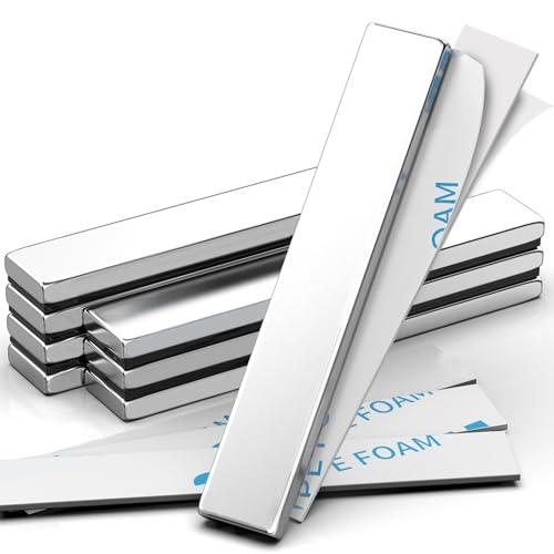 8 Pack Magnets, Caturledas Heavy Duty Strong Rare Earth Neodymium Magnets with Double Sided Adhesive, Rectangular Bar Magnetic Strip for Fridge Kitchen Garage Office Science Craft, 60x10x3 mm, Silver