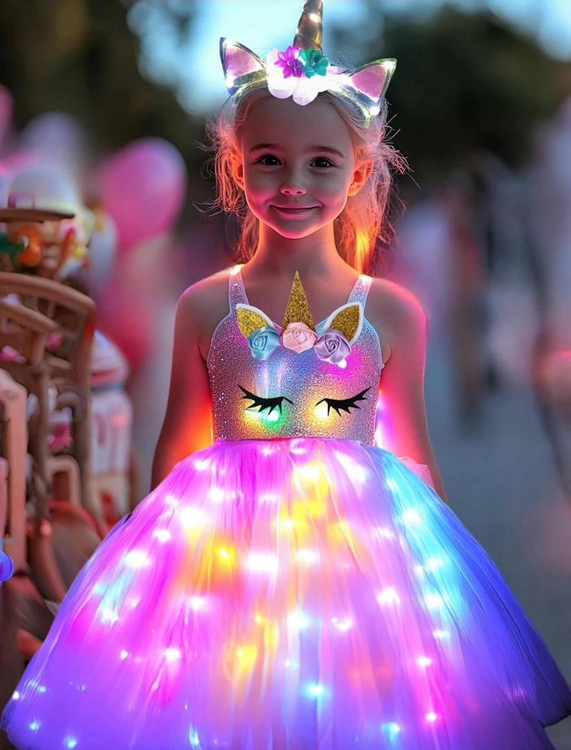 SHINYOU Girls Unicorn Costume, Rainbow Unicorn Dress, LED Light Up Unicorn Tutu with Wing for Halloween Birthday Gift (7-8Y)