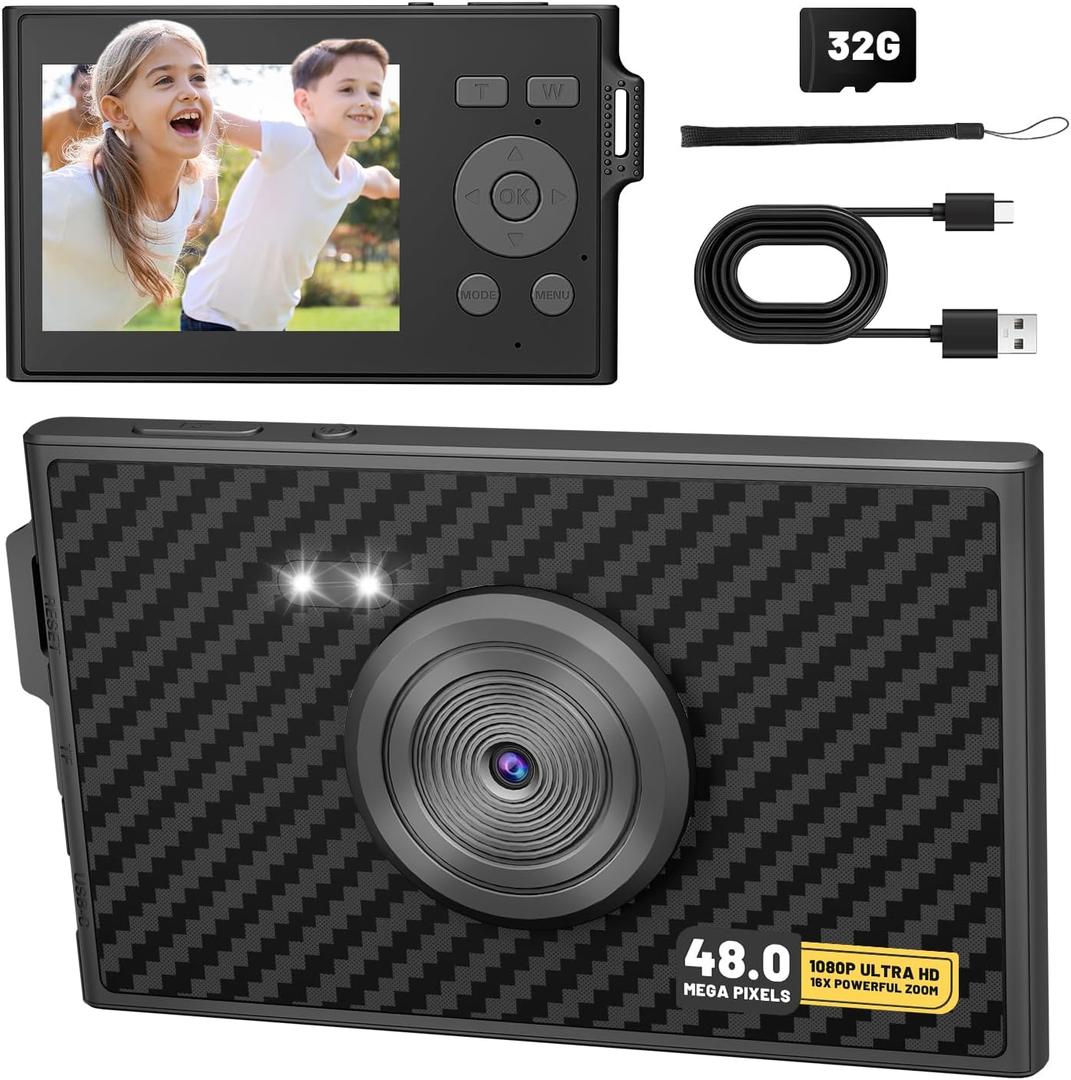 Digital Camera, FHD 1080P Kids Camera 16X Zoom Anti Shake, 48MP Compact Portable Ultra-Thin Point Shoot Camera Gift for Kid Student Children Teen Girl Boy with 32GB SD Card