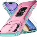 Case for iPhone 15 Pro Max with Slide Camera Cover+Screen Protector(2 Packs), Military Grade Shockproof Protective Cover, Rotated Ring Kickstand(A - Pink+Celadon)