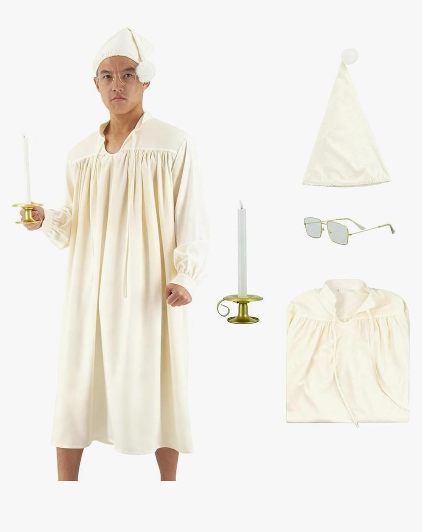 5 Pcs Men's Pajama Set Adult Nightshirt Night Sleeping Cap Gloves Candle Holder and Candle for Halloween Christmas.XXL