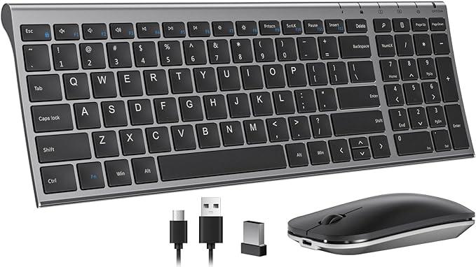 Seenda Rechargeable Wireless Keyboard Mouse, Ultra Thin Low Profile Wireless Keyboard and Mouse with Number Pad, Quiet Portable Combo Compatible for Windows XP/7/8/10/11/11 Pro, Black and Grey