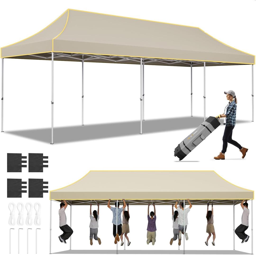 Hoteel 10x30 Pop Up Canopy Tent Heavy Duty Without Sidewalls, Waterproof Party Tent, Easy Set-up Commercial Instant Tents with Roller Bag & Sandbags, Hexagonal Leg (Khaki)