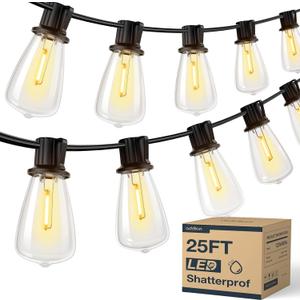 addlon 25FT LED Outdoor String Lights Waterproof Patio Lights with 9 Shatterproof ST38 Replaceable Bulbs(1 Spare), Dimmable Outside Hanging Light Connectable for Porch, Backyard, 2200K Warm Yellow