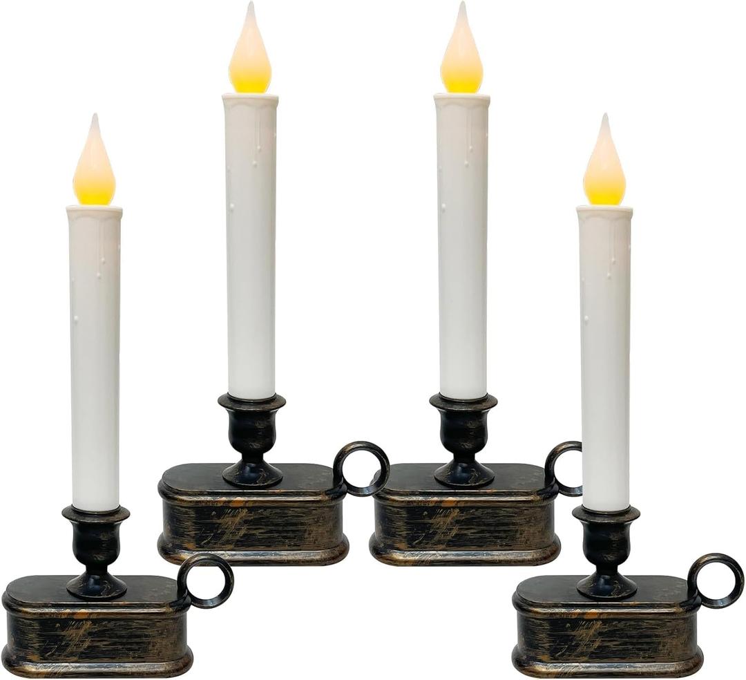 4 Pack Christmas Window Candle Lamps, Flameless Flicker LED Lights and Bronze Base, Dusk to Dawn Light Sensor, 10 Inch Battery Powered Window Candle for Dinners, Table, Party, Valentines Decorations