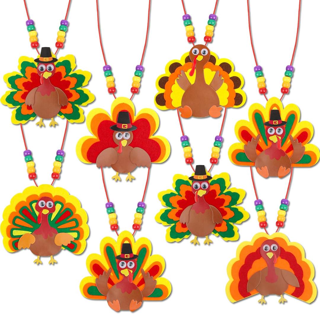 Thanksgiving Crafts for Kids 24 Sets DIY Thanksgiving Turkey Necklace Craft Kits Party Favors Gifts Fall Thanksgiving Turkey Decorations Arts & Crafts for Boys Girls Party Classroom Prizes Activities (Colorful-Style 2)