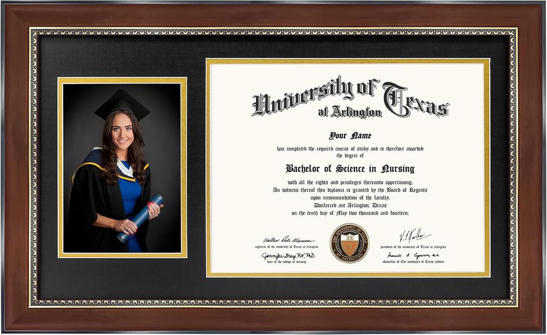 GMFrames Mahogany Diploma and Photo Frame for 8.5x11 Certificate and 5x7 Picture, UV Protection Acrylic, Mahogany with Gold Beads and Trim, Black over Gold Double Mat