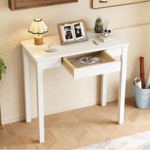 Solid Wooden Desk with Drawers - 32 x 16 Inch Narrow Desks for Small Spaces, Rubberwood Simple Study Table, Small Writing Desk for Bedroom - Modern White Desks, 31.5 in W x 15.7 in D