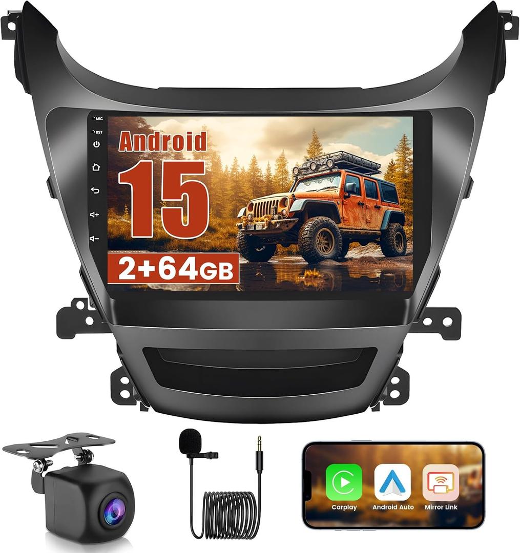 2+64G Realdio Android 15 Car Stereo for Hyundai Elantra 2014 2015 2016 with Wireless CarPlay Android Auto, 9" Touch Screen for Elantra Radio with GPS WiFi Bluetooth EQ 26UI Backup Camera MIC