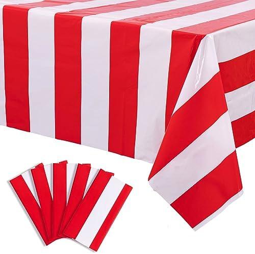 Kesfey 5 Packs Red and White Horizontal Striped Tablecloth 54 x 108 Inch Carnival Circus Theme Party Table Cloths Decorations Waterproof Rectangle Red Striped Tablecover for Picnic Birthday Party