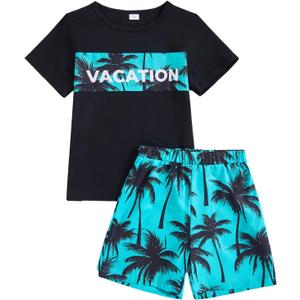 Boy Clothes Kids Boy's Summer Outfits Shorts Sleeve Crewneck T Shirt Tops Tees Shorts Sets Boy's 2 Piece Outfits (7-8 Years, Black Green)
