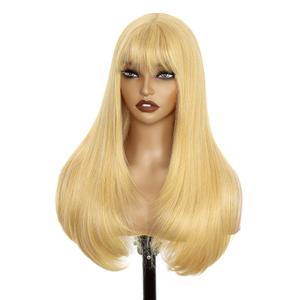 Twobla Blonde Glueless Lace Front Wig For Women | 26 Inch Long Straight Layered Synthetic Wig With Curtain Bangs | Heat Resistant, Wear & Go, No Glue Needed | Cosplay & Daily Use