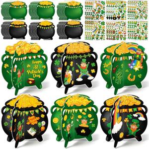 Chiisong 24 Set St. Patrick's Day Crafts 3D Pot of Gold Paper Crafts Shamrock Gold Coins Leprechaun Ornament with Stickers for Saint Patrick Irish Party Decor Classroom Home Activities(Cauldron)