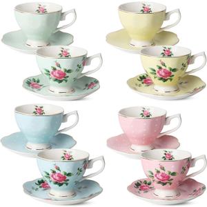 BTaT- Floral Tea Cups and Saucers Set of 8 (8 oz), Porcelain Tea Cup Sets, Assorted Colors with Gold Trim & Gift Box, Dishwasher Safe
