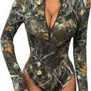 MakeMeChic Women's Camo Zip Front Bodysuit Mock Neck Long Sleeve Leotard Tops (Green)