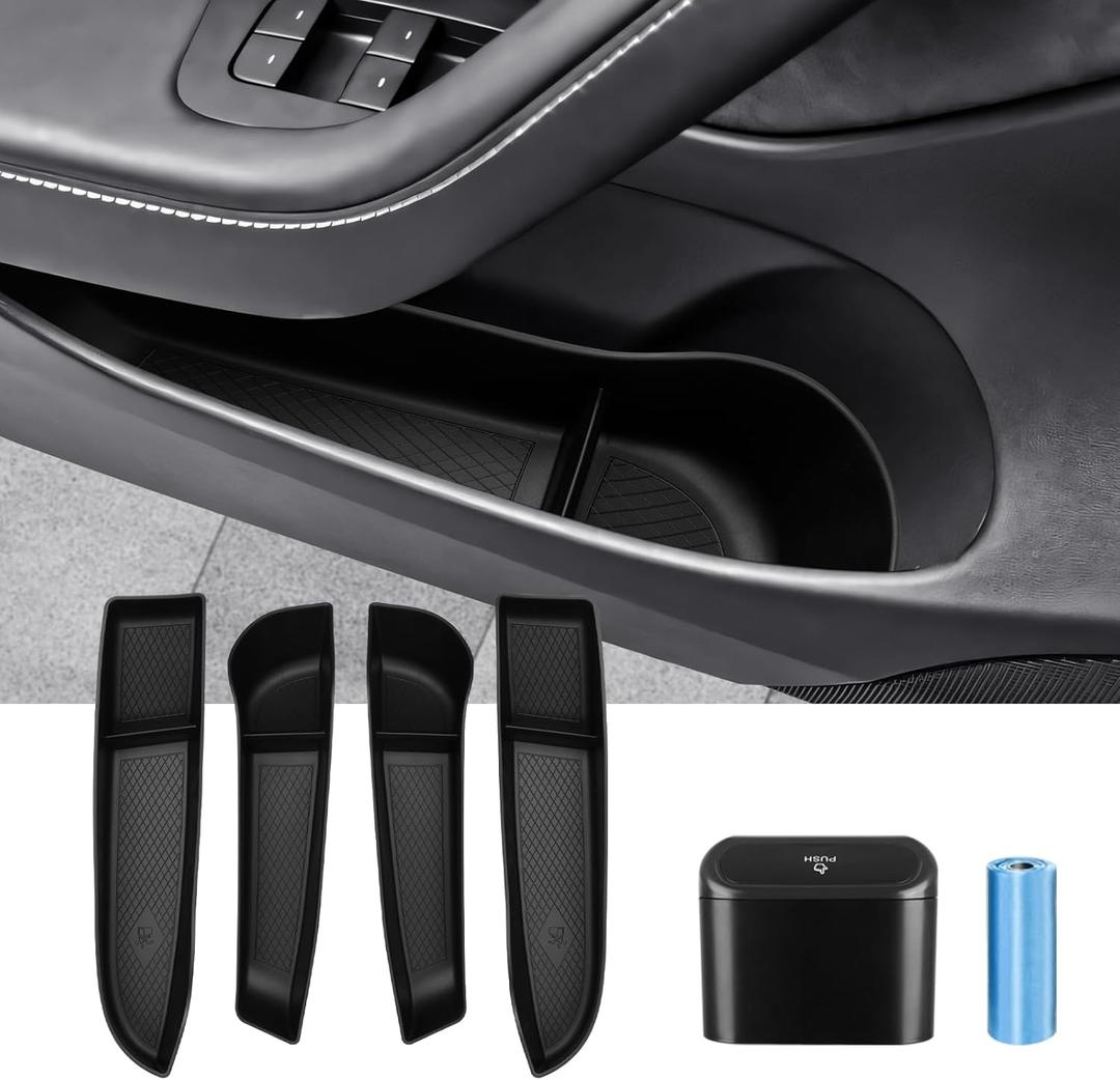 Door Side Storage Box and Trash Can for 2024 2025 2026 Refresh Tesla Model 3 Highland Accessories Front Rear Door Insert Slot Storage Tray Organizer Protector Garbage Bin with Trash Bags 6PCS