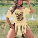 Women's Plus Size Cold Shoulder Fringe Tassel Cowgirl Graphic Short Sleeve Hippie Western T Shirt (XXL)